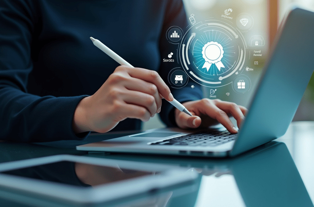 Persona usando una computadora portátil para obtener su certificación profesional a través de la acreditación de competencias, con iconos digitales representando el proceso.