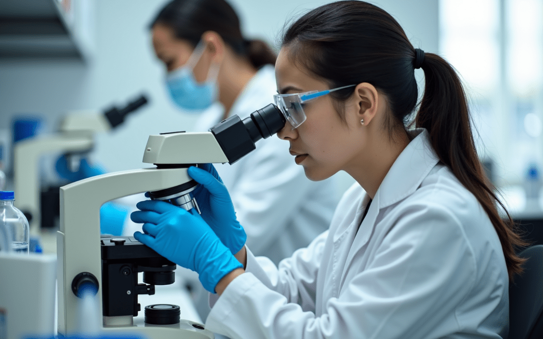 Investigador usando microscopio en laboratorio con enfoque en la innovación en la tecnología del sector sociosanitario.
