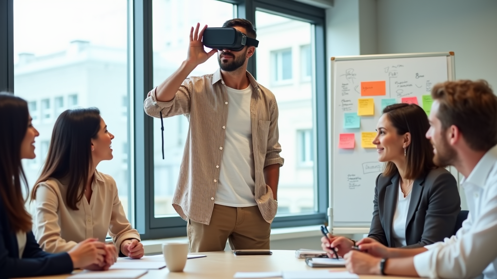Persona utilizando gafas de realidad virtual en una reunión de formación profesional, mientras sus compañeros observan y toman notas. Representa la digitalización en la formación profesional tendencias