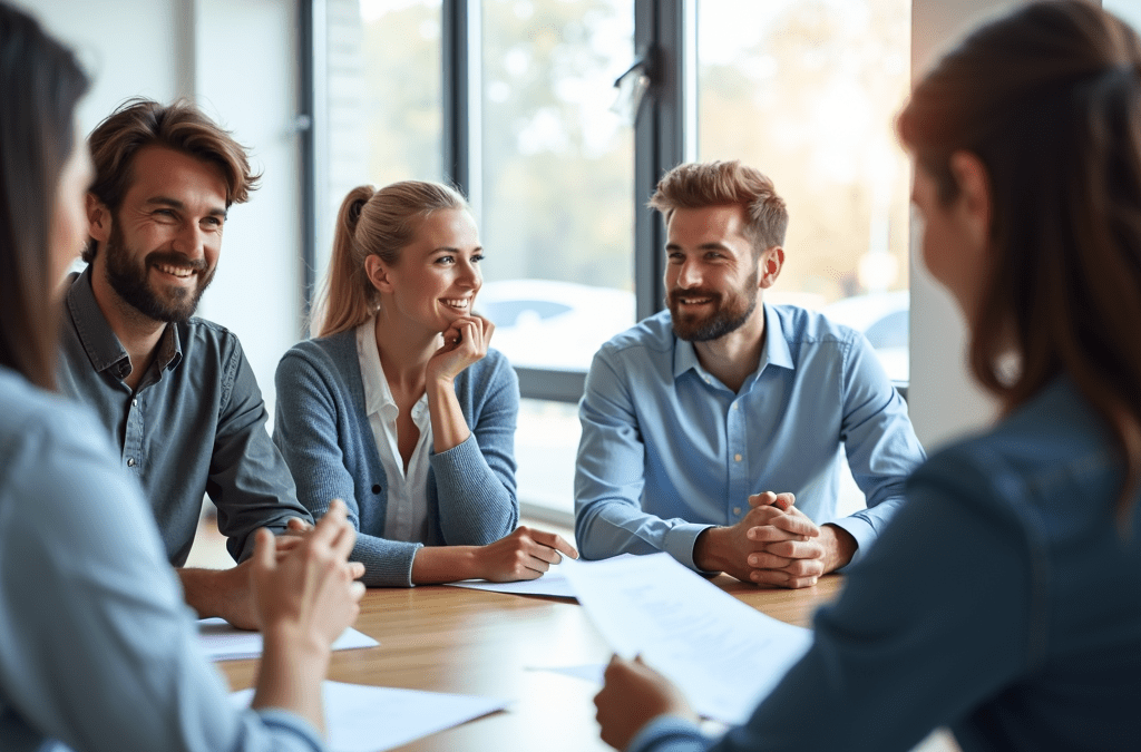 Grupo de personas en una reunión profesional, analizando opciones de formación y certificados de profesionalidad para mejorar su empleabilidad, representando cómo elegir el mejor certificado de profesionalidad según tu perfil
